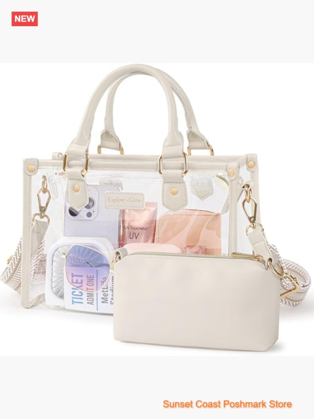 Clear Stadium Tote Bag with Privacy Inner Pouch PVC Leather Trim